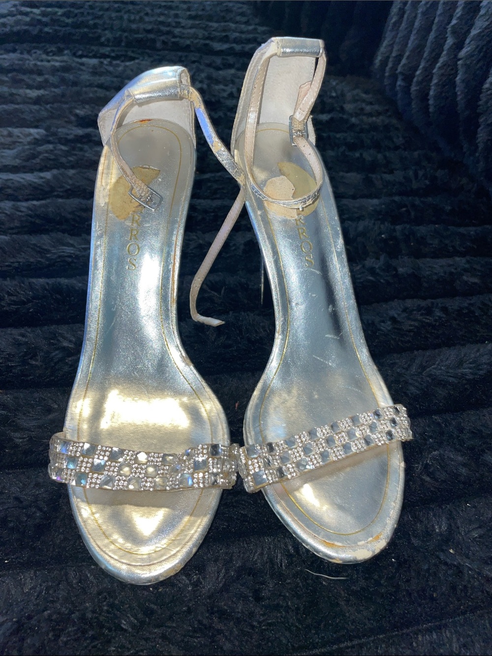 Crystal-Embellished Silver Ankle-Strap Heels